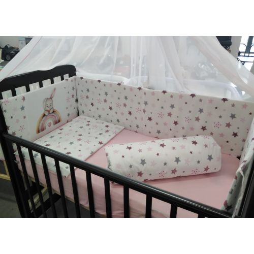 Комплект в кроватку Карамелька 6 предметов Зайка розовый звезды